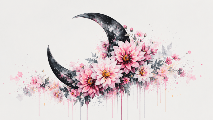 Watercolor crescent moon with soft pink flowers, botanical details, and delicate paint drips on a light background for The Sacred Pulse newsletter.